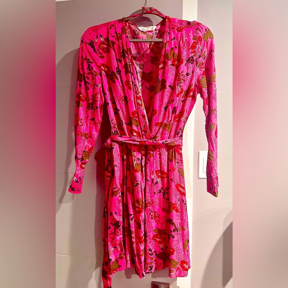 Zara V-neck Faux Wrap Dress - Pink/Fuschia/Green - Large